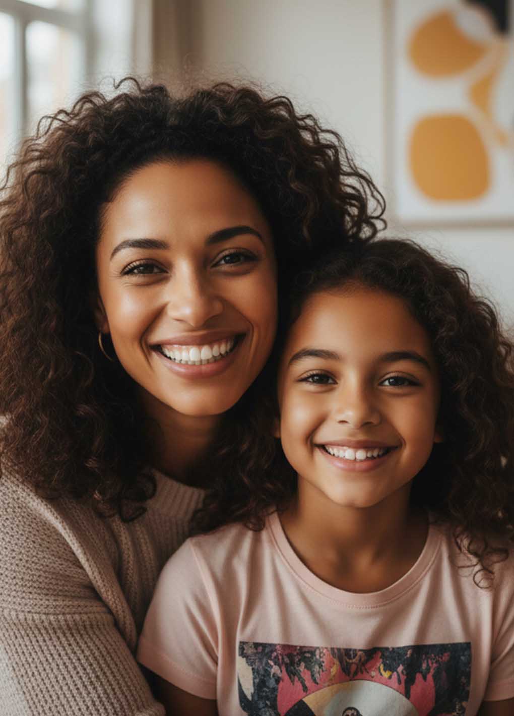 Woman and young girl smiling at the camera indoors