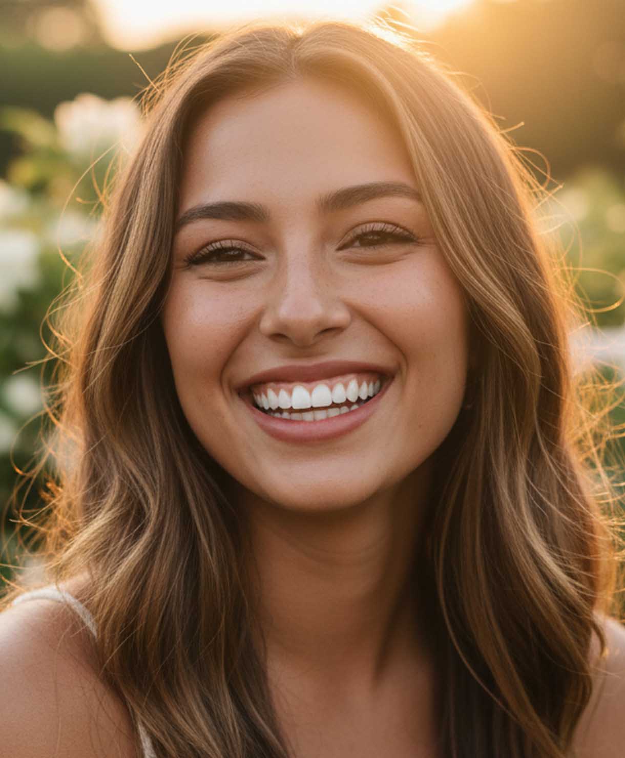Woman with a bright smile outdoors with a blurred natural background
