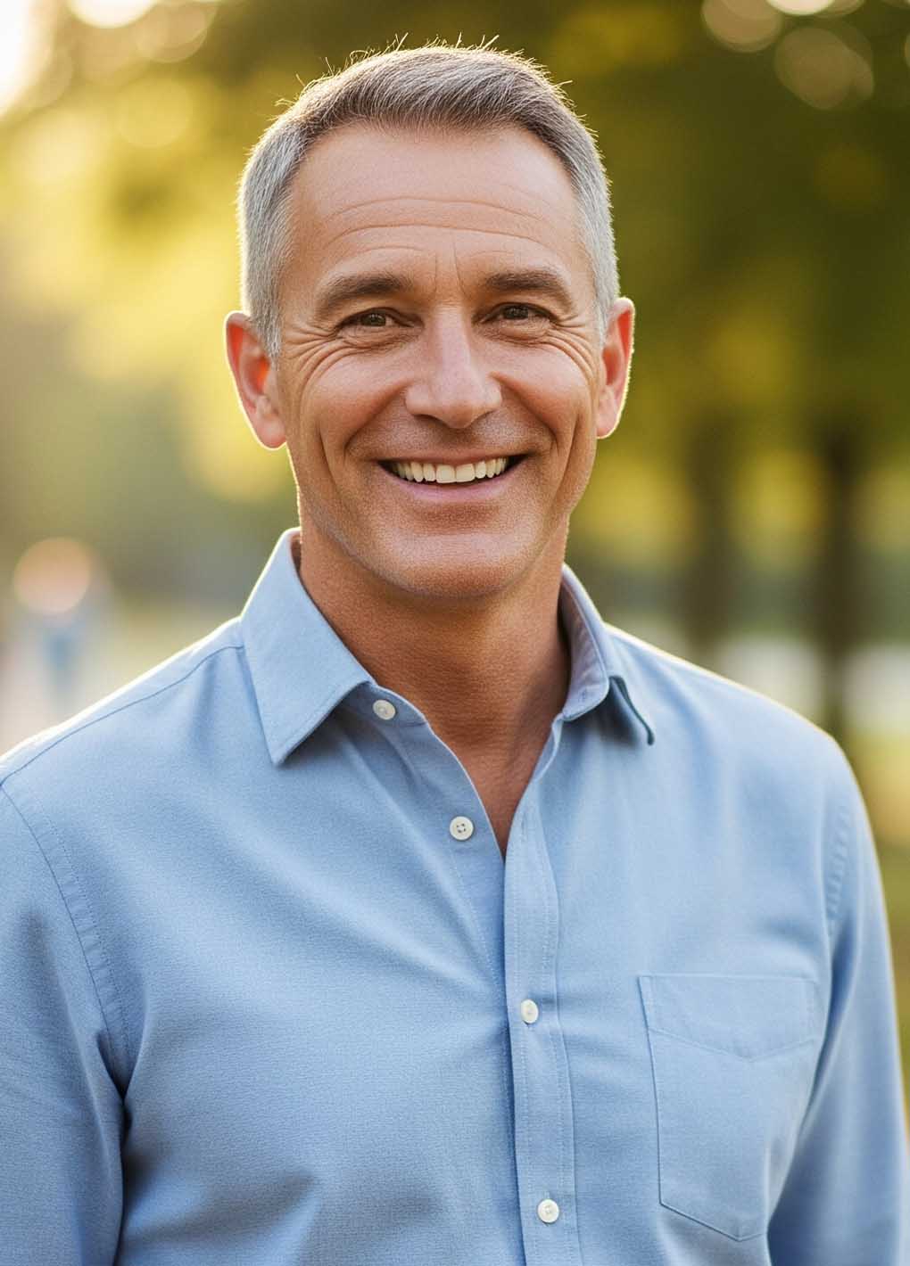 Man wearing a light blue shirt outdoors with greenery in the background