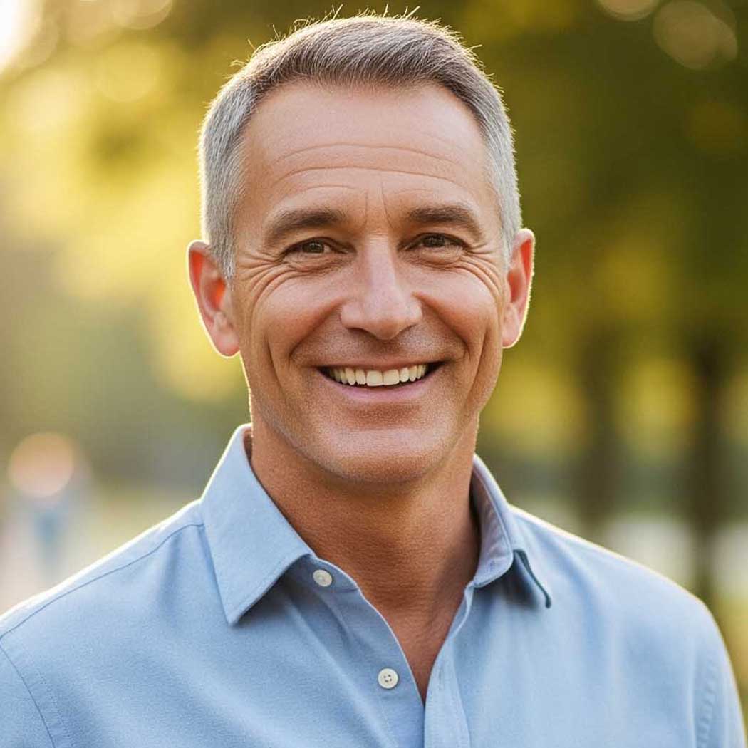 Man wearing a light blue shirt with a blurred green background