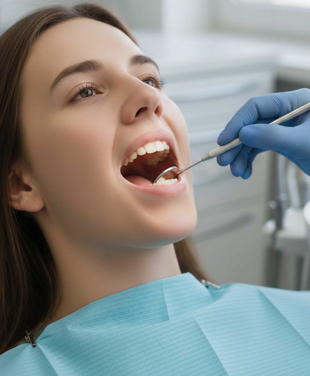 Woman receiving dental检查 in a dental office