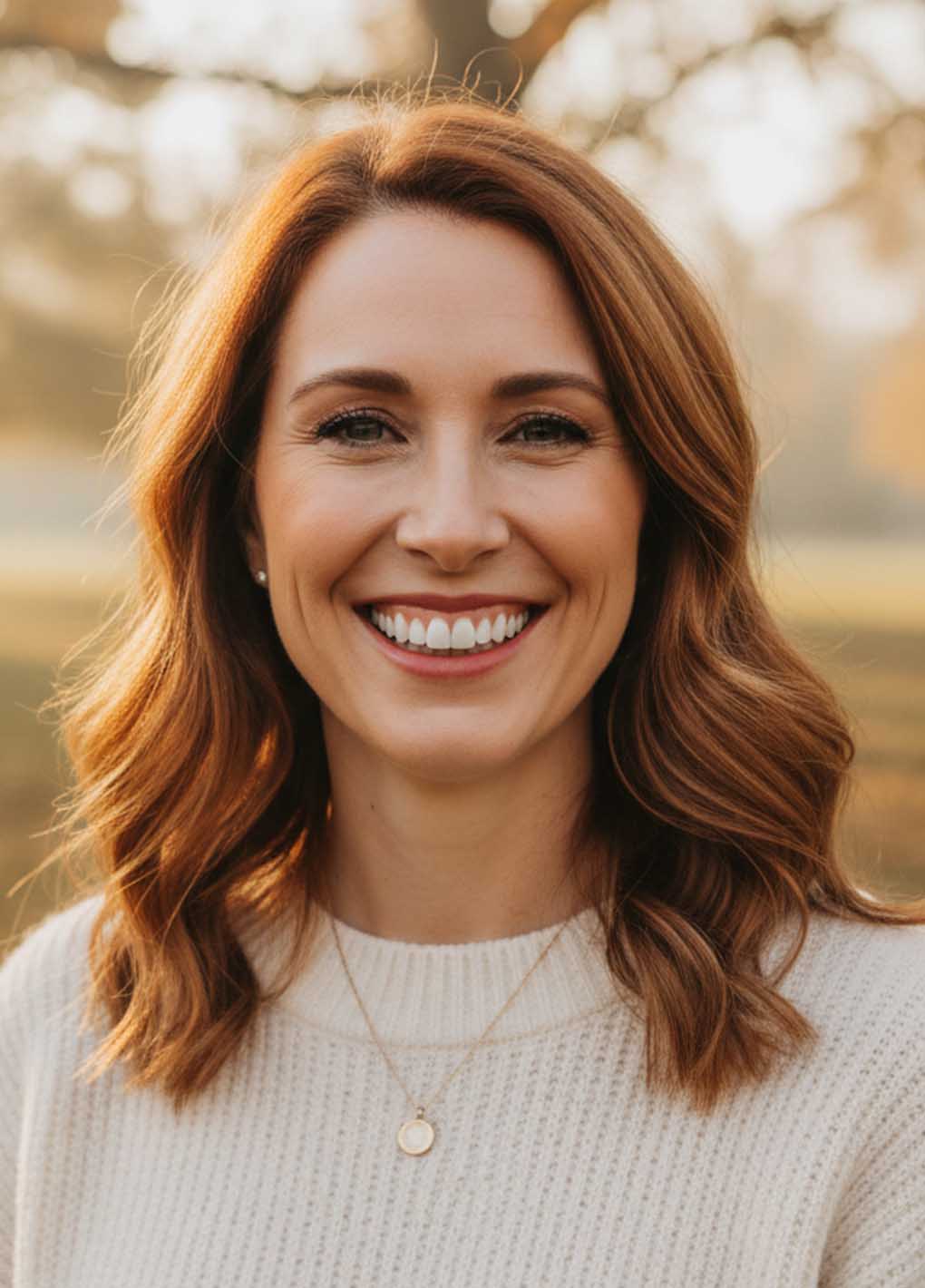 Woman with red hair smiling outdoors with a blurred natural background