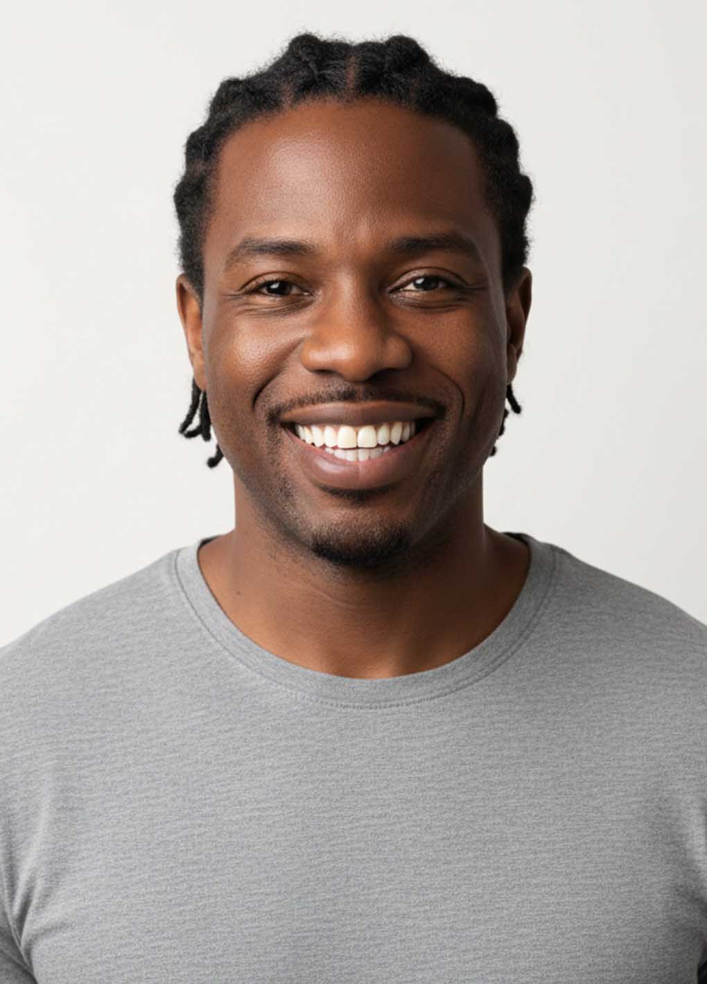 Man wearing a gray shirt against a plain background