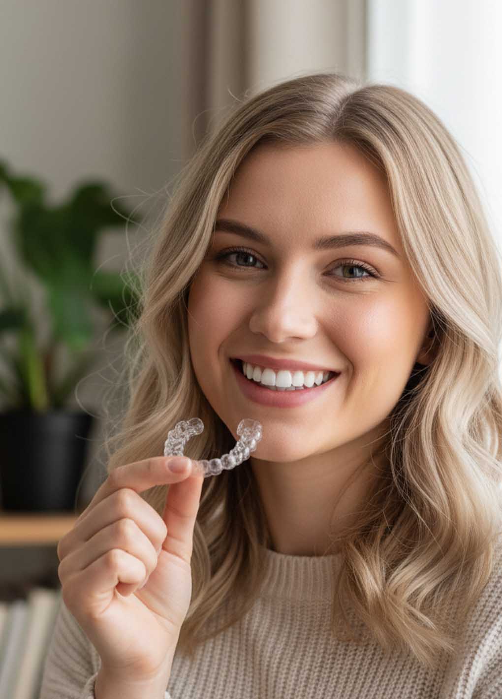 Woman holding a clear dental aligner with a neutral background