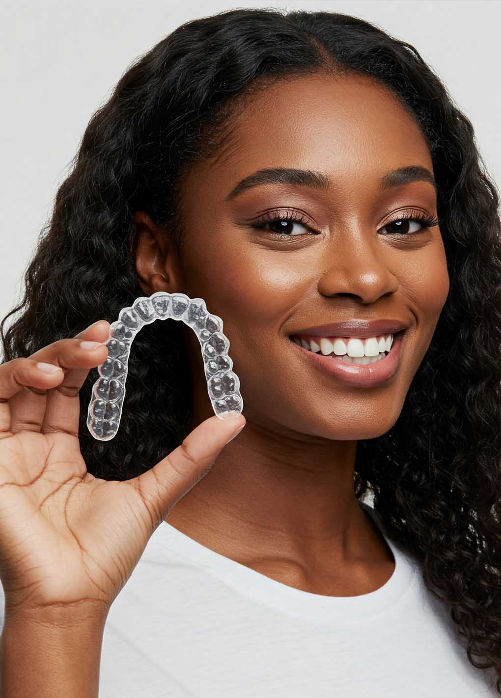 Woman holding a clear dental aligner against a neutral background
