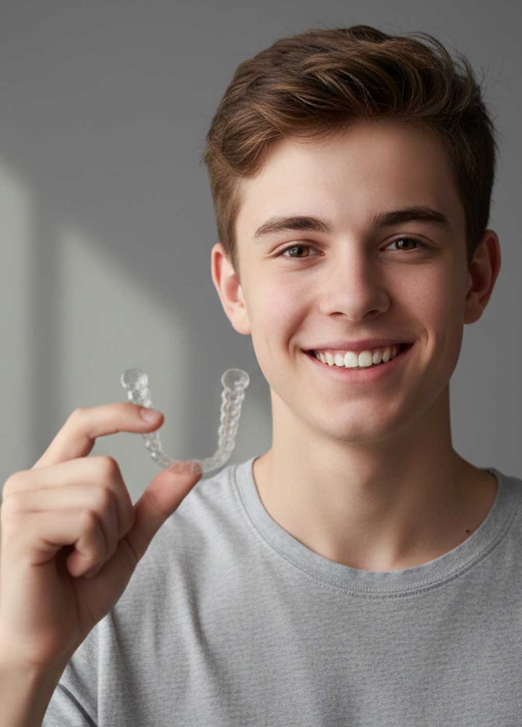 Young man holding a clear dental aligner against a gray background