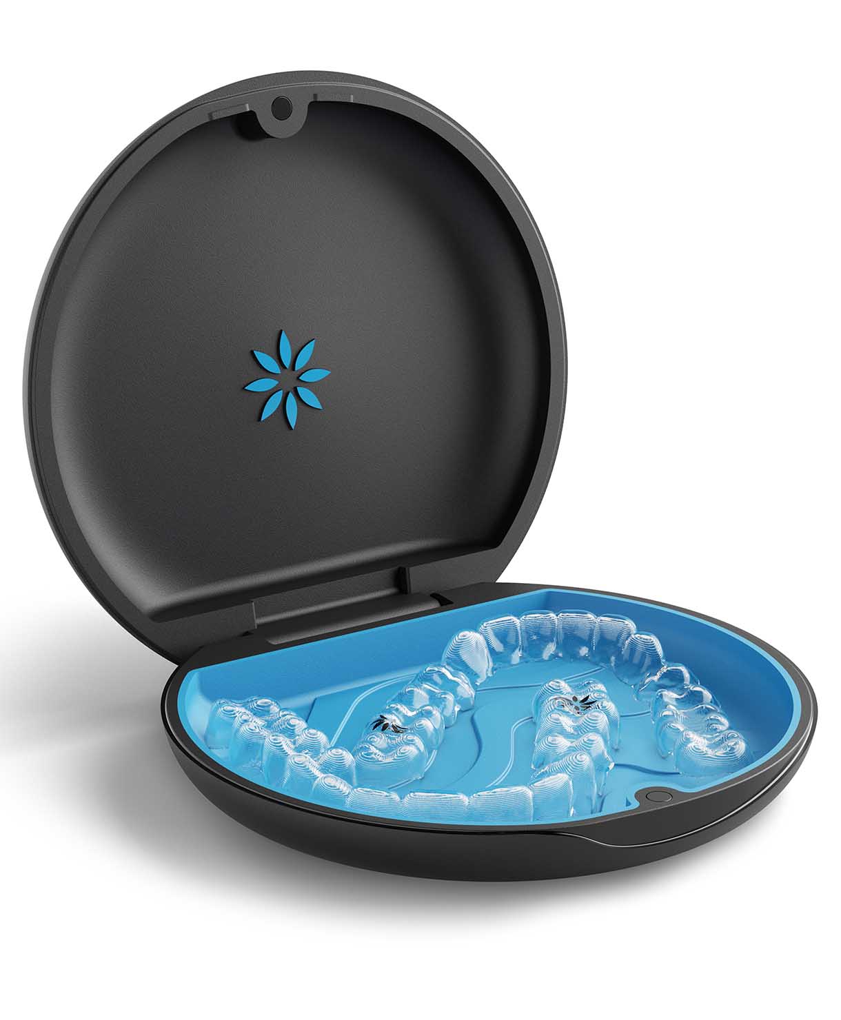 Clear dental aligner in a black case with a blue interior on a white background