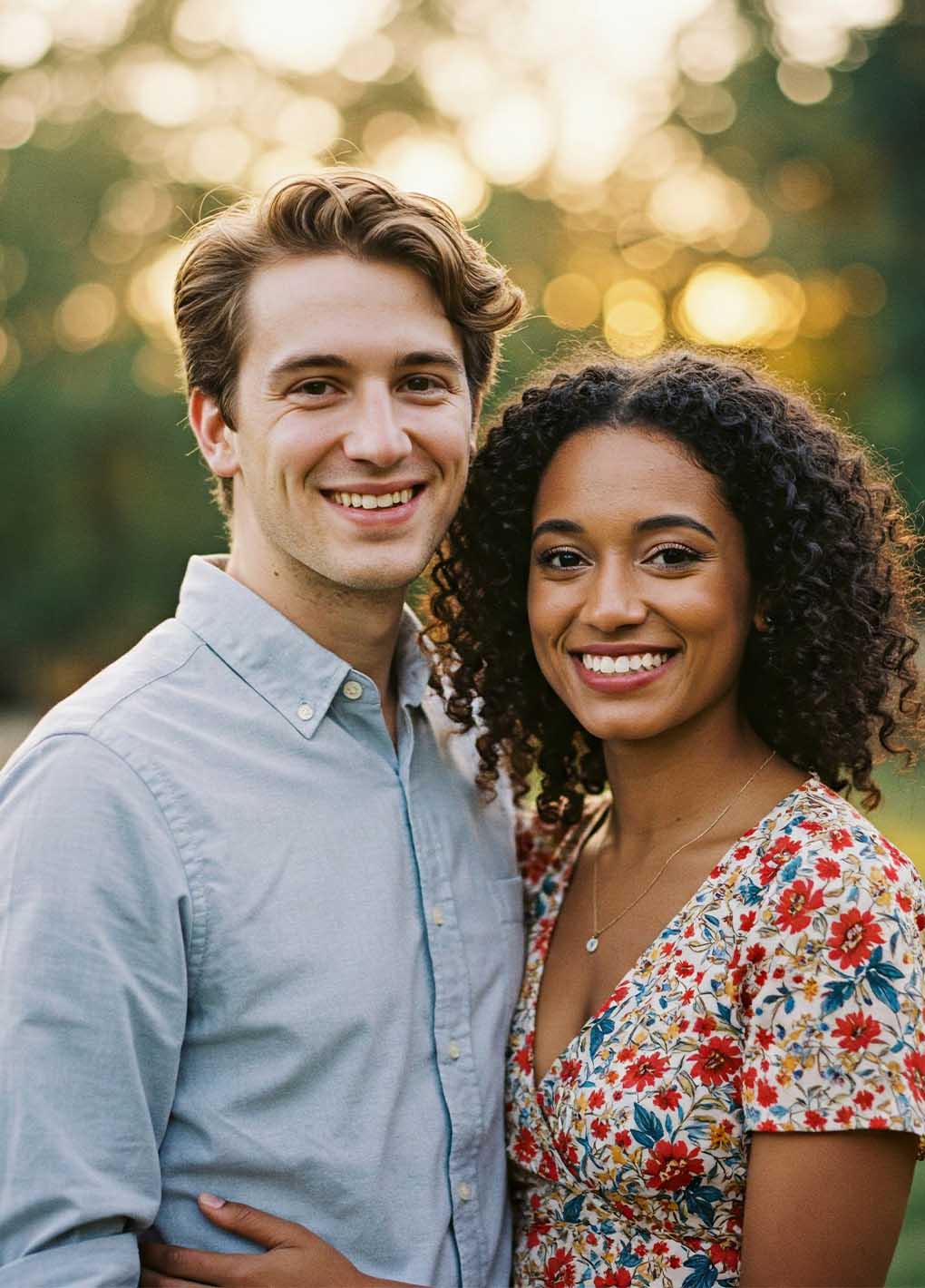 Two people smiling at the camera with a blurred natural background