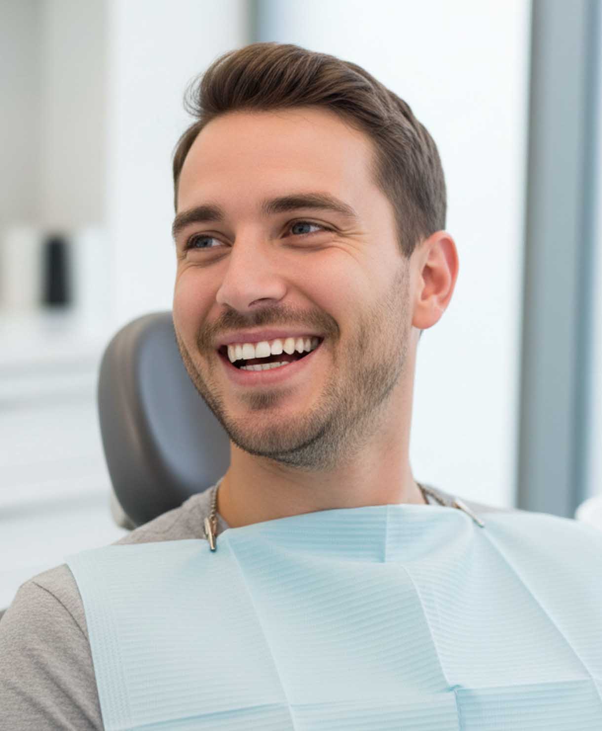 Man sitting in a dental chair with a smile, wearing a dental bib.