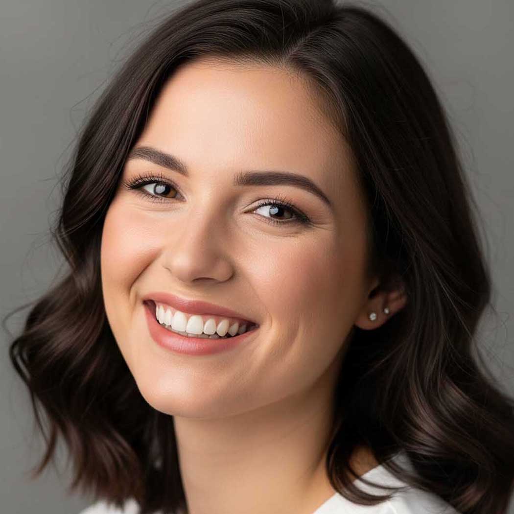 Woman with a smile on a gray background