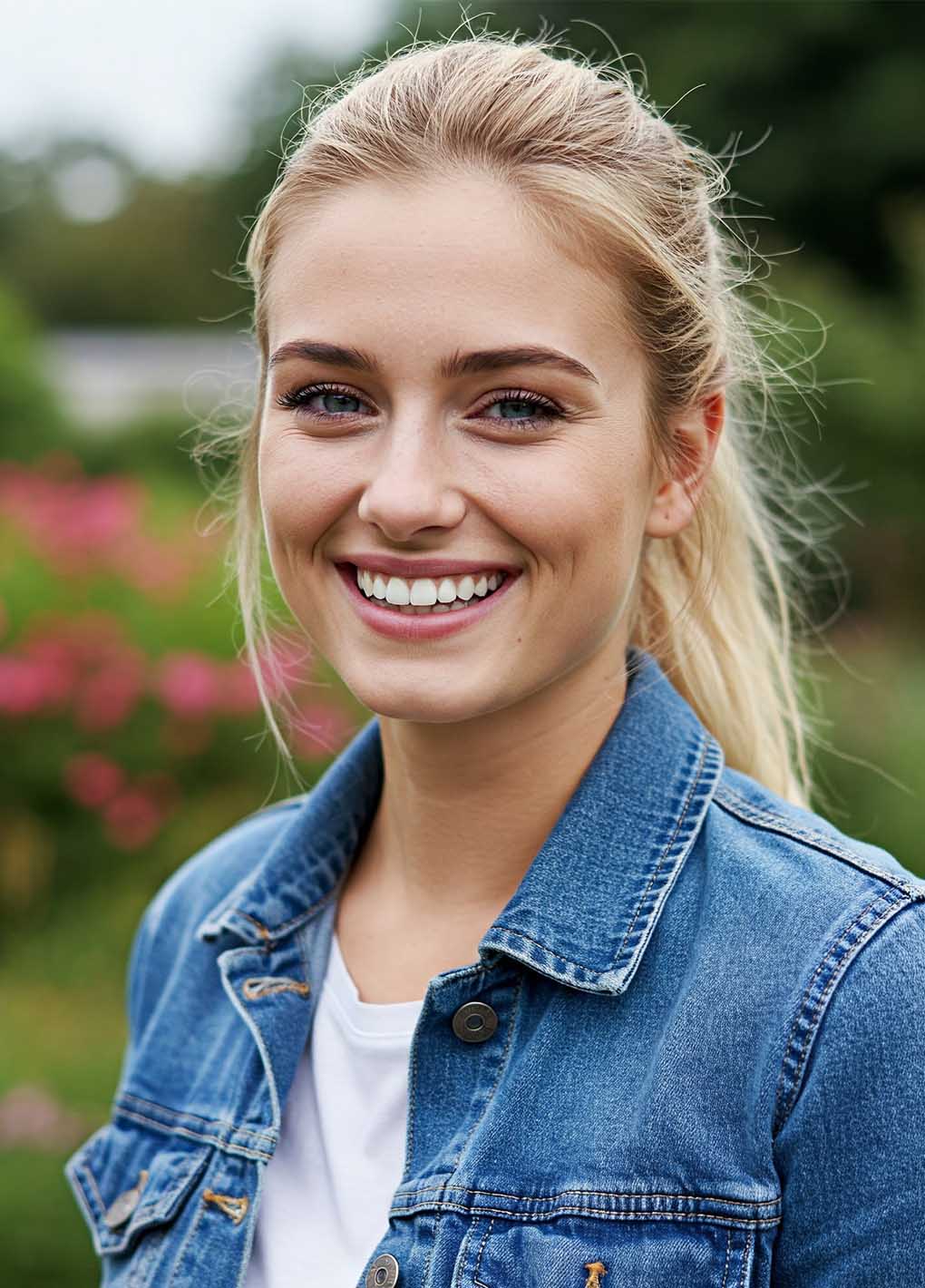 Woman with blonde hair wearing a denim jacket outdoors
