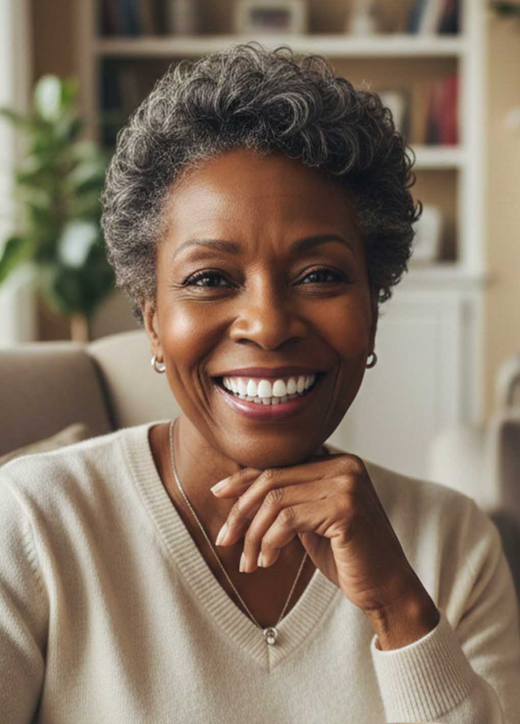 Woman smiling with a blurred background of a home setting