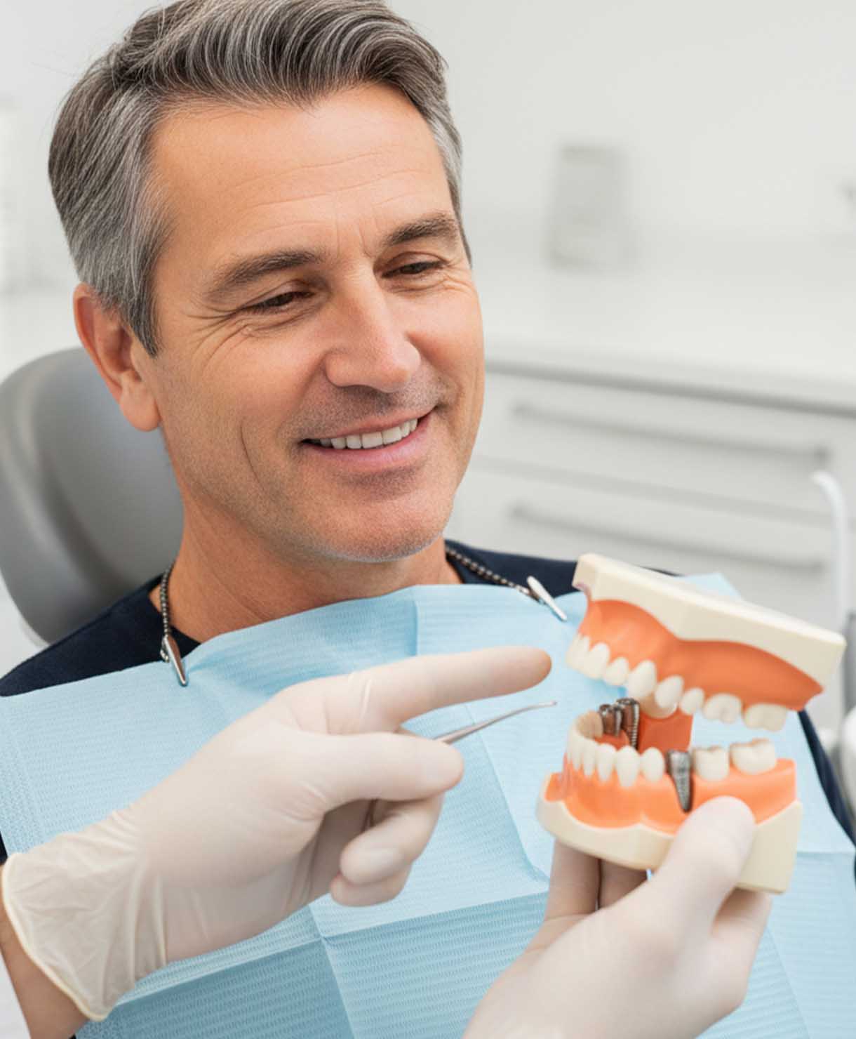 Dentist holding a dental model and tools, with a patient in the background