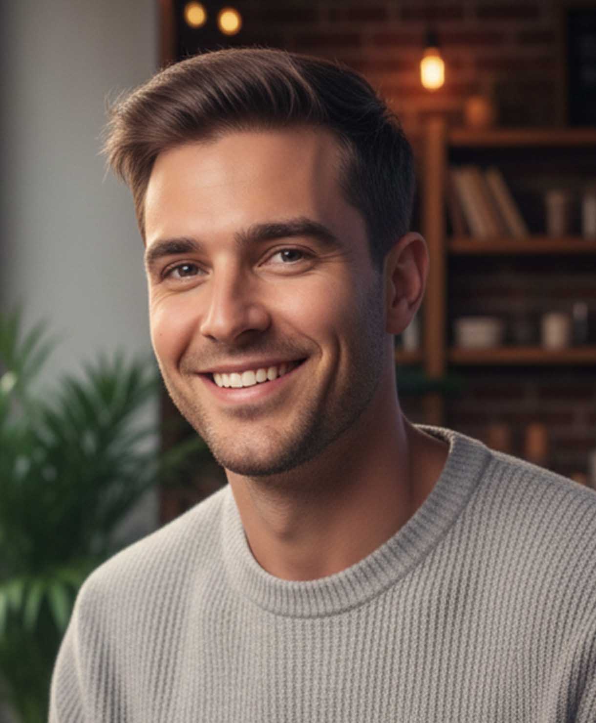 Man with a smile in a casual setting with a blurred background