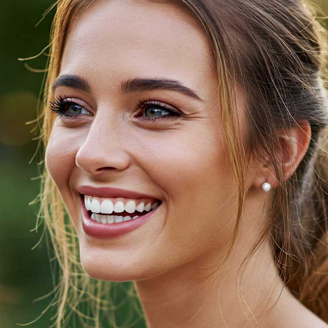 Close-up of a woman with a bright smile outdoors