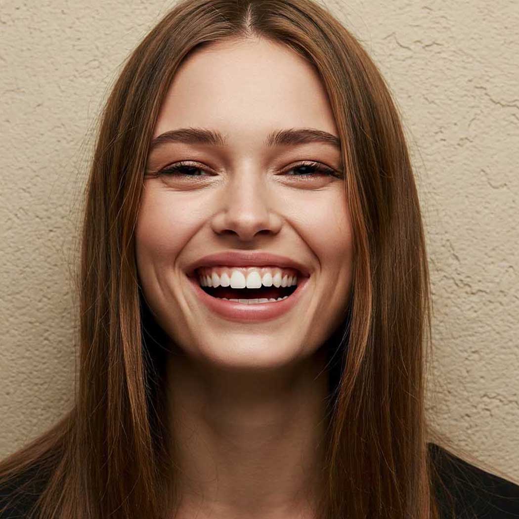 Woman with a bright smile against a beige wall