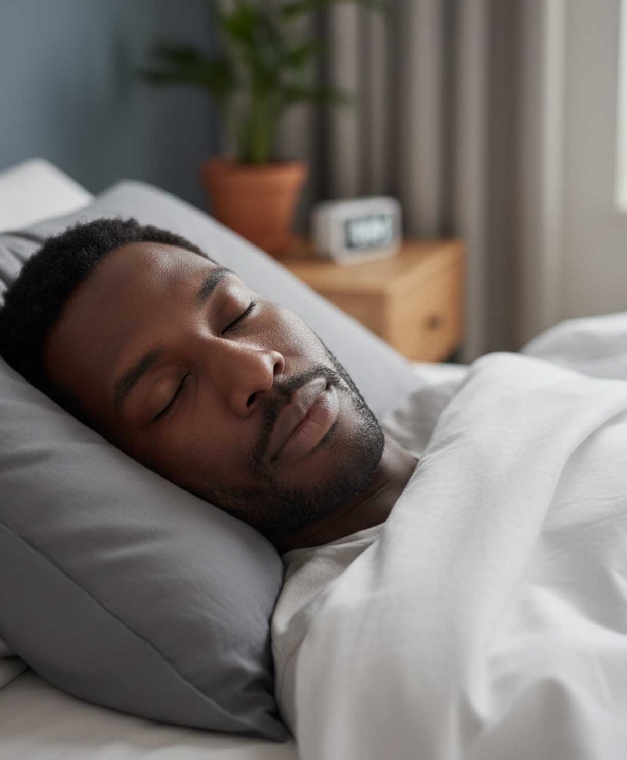Man sleeping peacefully in bed with a blurred background